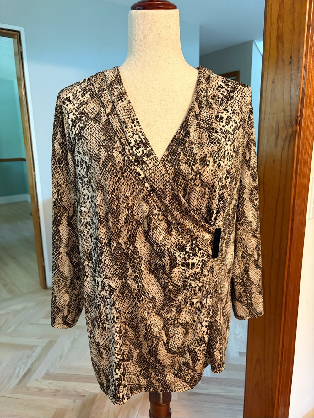Dana Buchman Snakeskin Print Faux-Wrap Blouse 3/4 sleeve